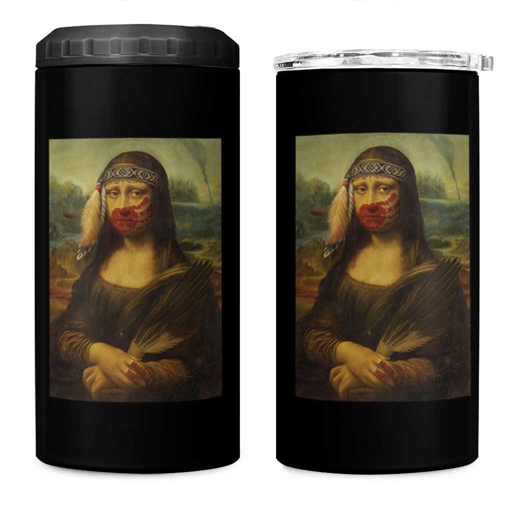 MMIW Awareness 4 in 1 Can Cooler Tumbler Mona Lisa Red Handprint Indigenous Woman Stop Stolen Sisters