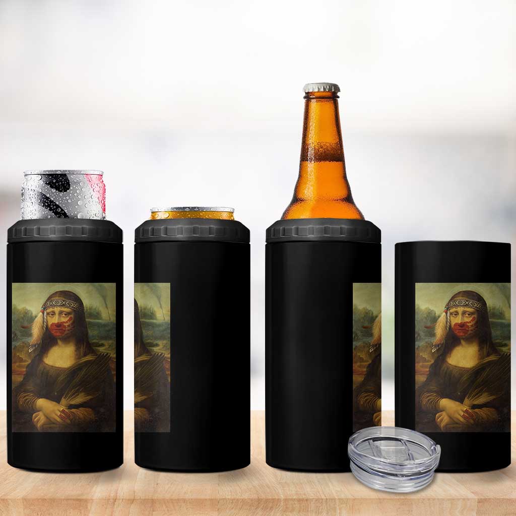 MMIW Awareness 4 in 1 Can Cooler Tumbler Mona Lisa Red Handprint Indigenous Woman Stop Stolen Sisters