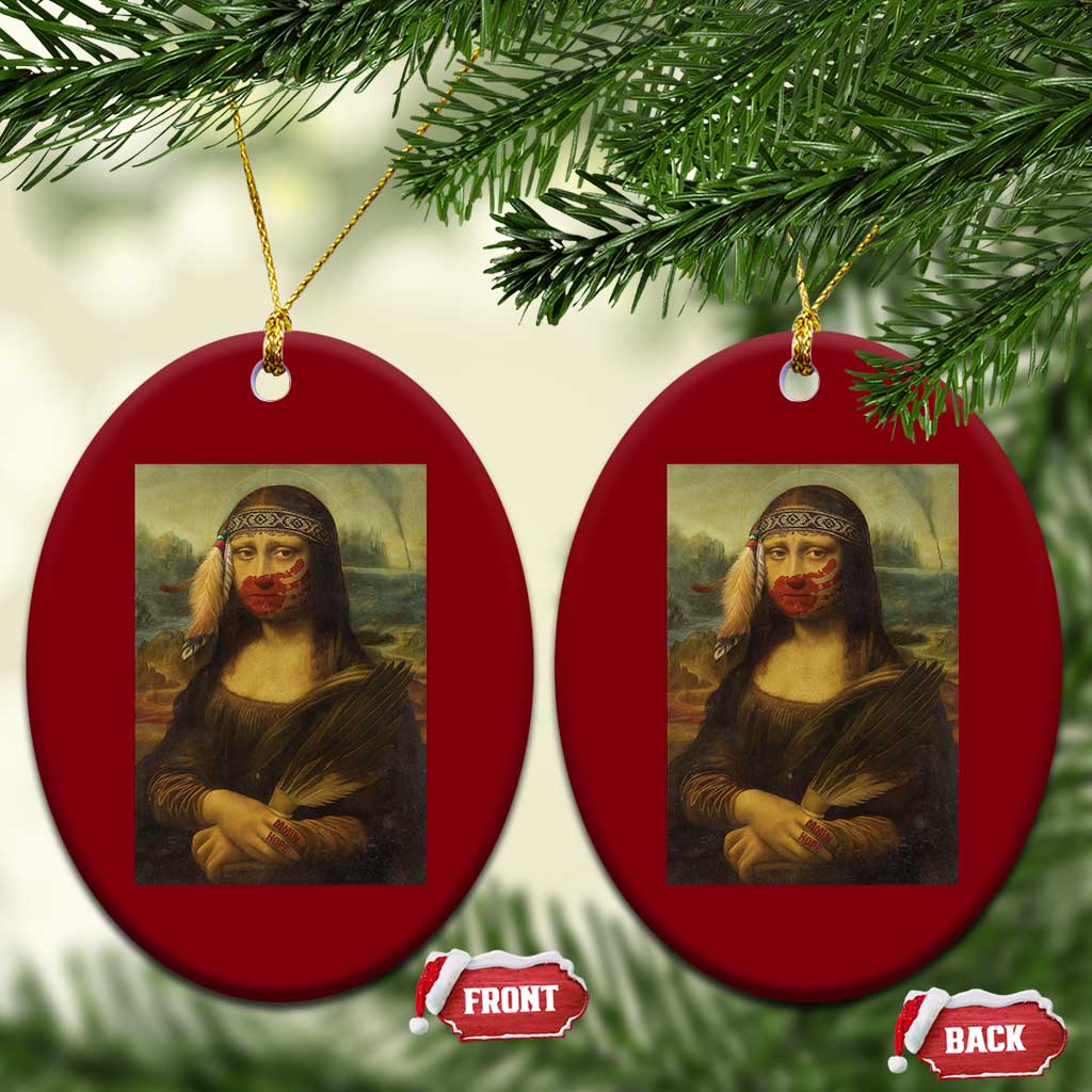 MMIW Awareness Ceramic Ornament Mona Lisa Red Handprint Indigenous Woman Stop Stolen Sisters