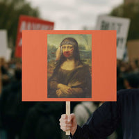 MMIW Awareness Protest Sign Mona Lisa Red Handprint Indigenous Woman Stop Stolen Sisters