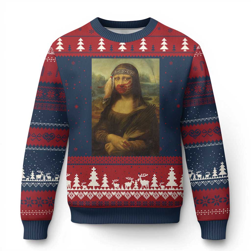 MMIW Awareness Ugly Christmas Sweater Mona Lisa Red Handprint Indigenous Woman Stop Stolen Sisters