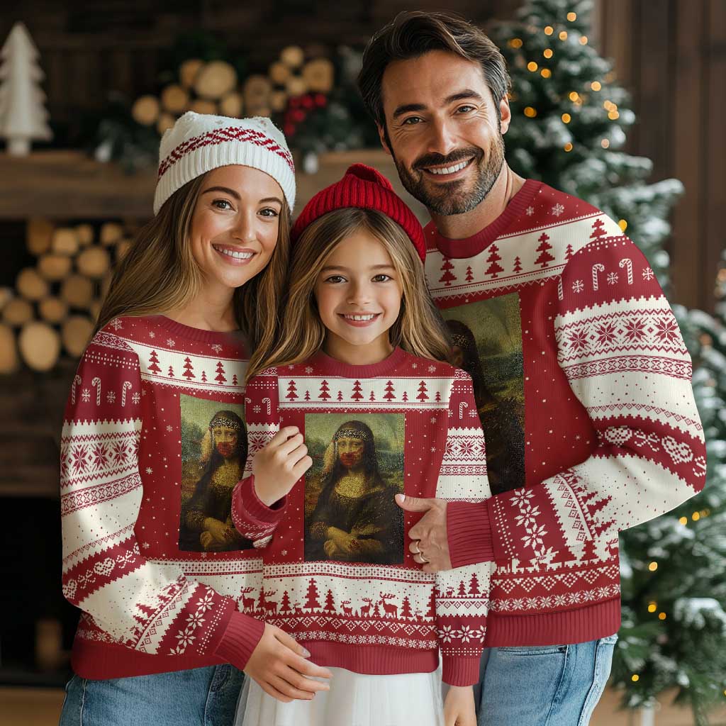 MMIW Awareness Ugly Christmas Sweater Mona Lisa Red Handprint Indigenous Woman Stop Stolen Sisters
