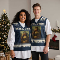 MMIW Awareness V-Neck Knit Sweater Vest Mona Lisa Red Handprint Indigenous Woman Stop Stolen Sisters