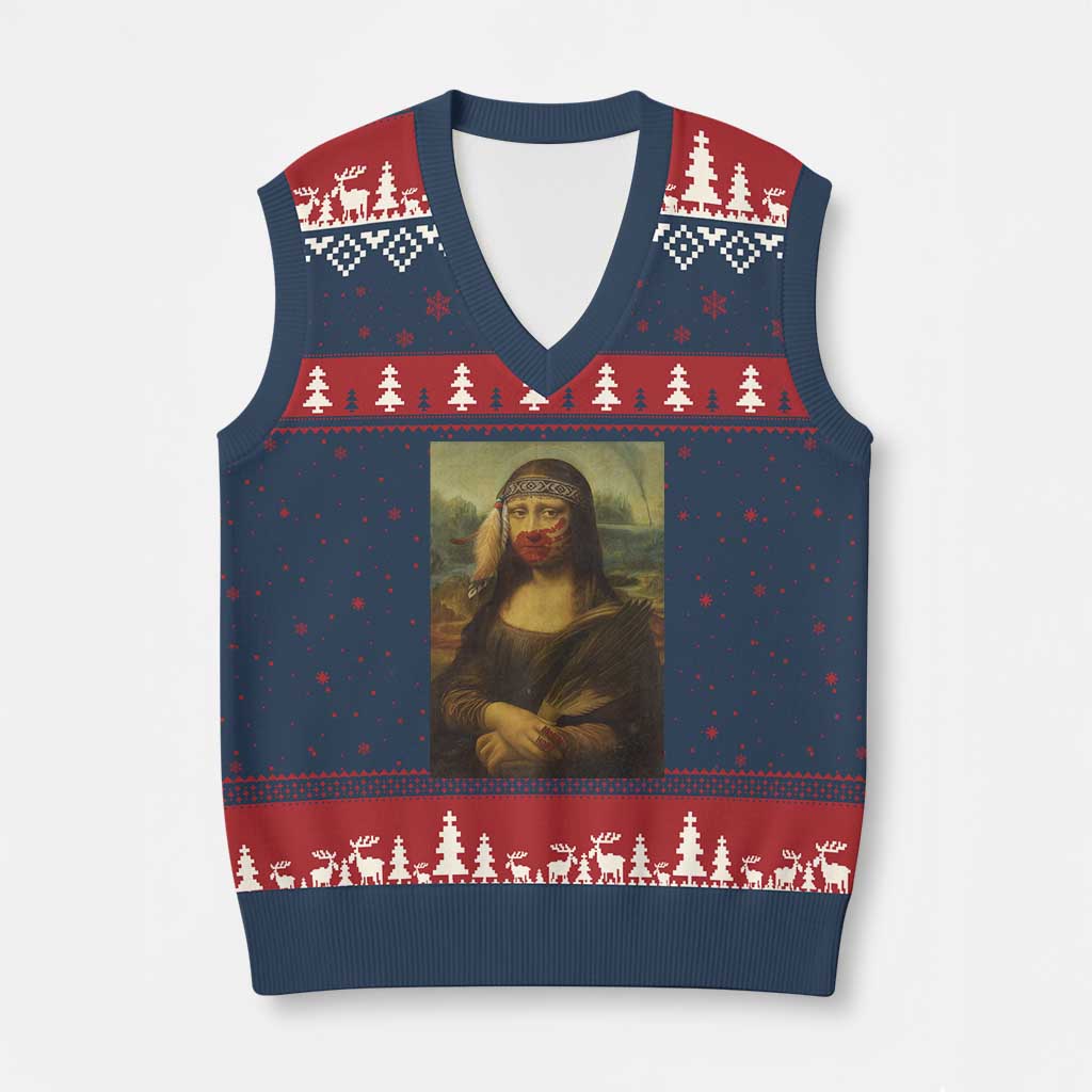 MMIW Awareness V-Neck Knit Sweater Vest Mona Lisa Red Handprint Indigenous Woman Stop Stolen Sisters