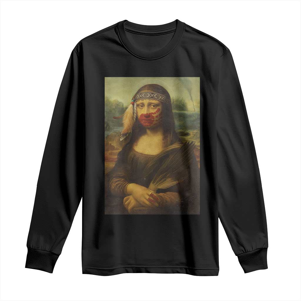 MMIW Awareness Long Sleeve Shirt Mona Lisa Red Handprint Indigenous Woman Stop Stolen Sisters