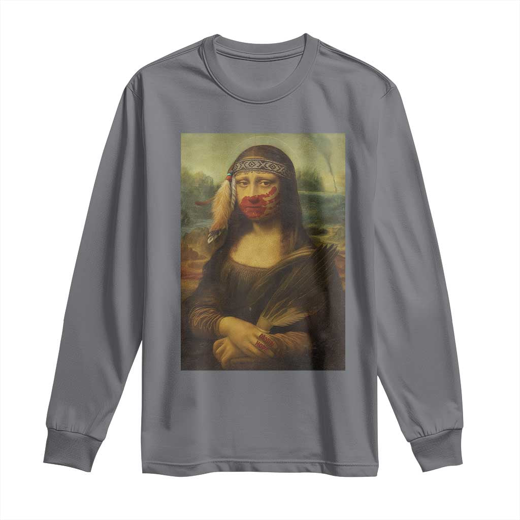 MMIW Awareness Long Sleeve Shirt Mona Lisa Red Handprint Indigenous Woman Stop Stolen Sisters