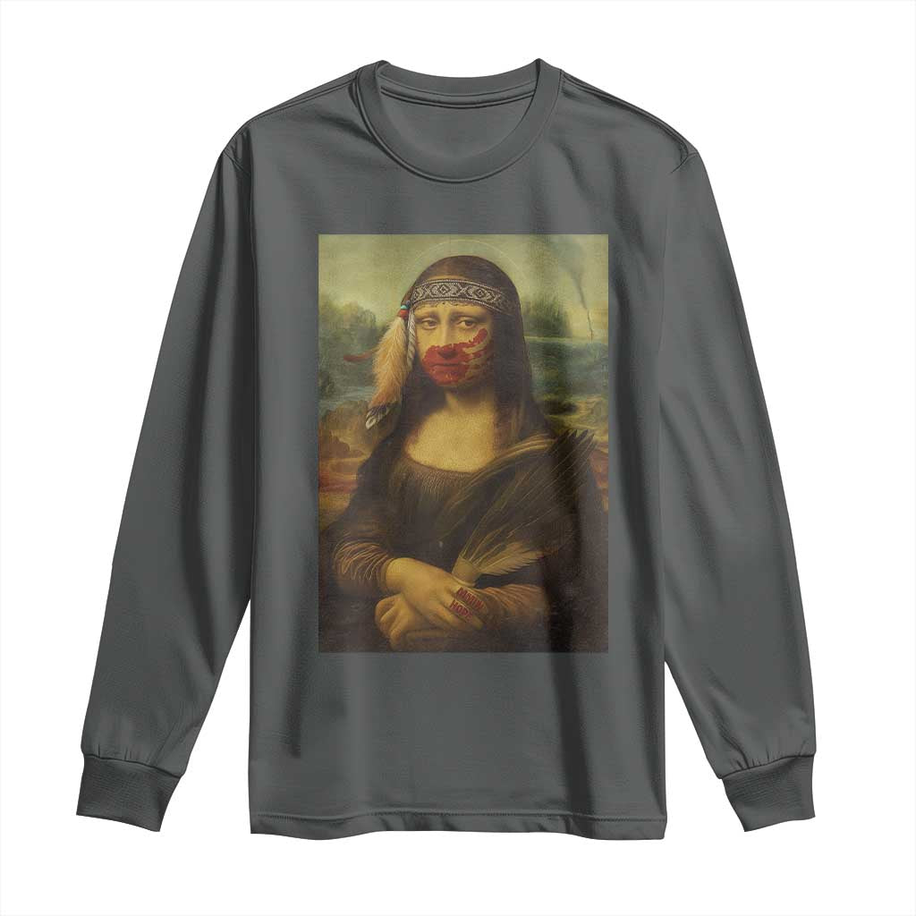 MMIW Awareness Long Sleeve Shirt Mona Lisa Red Handprint Indigenous Woman Stop Stolen Sisters