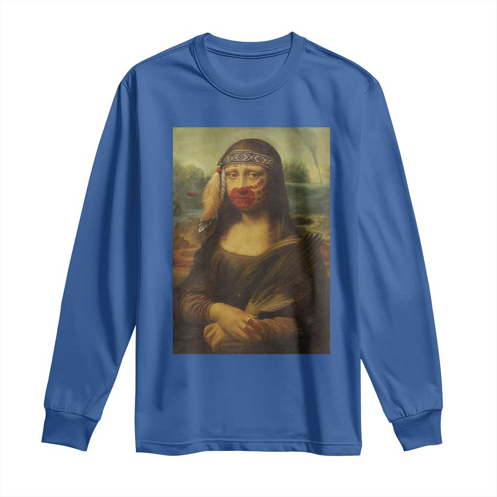 MMIW Awareness Long Sleeve Shirt Mona Lisa Red Handprint Indigenous Woman Stop Stolen Sisters