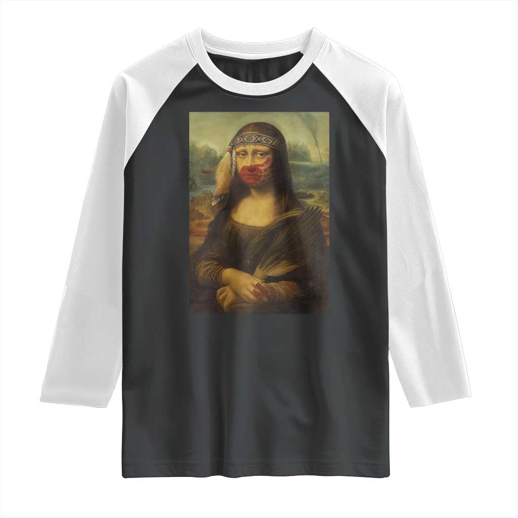 MMIW Awareness Raglan Shirt Mona Lisa Red Handprint Indigenous Woman Stop Stolen Sisters