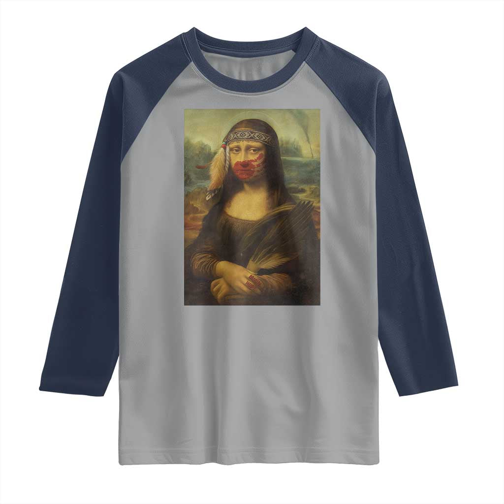 MMIW Awareness Raglan Shirt Mona Lisa Red Handprint Indigenous Woman Stop Stolen Sisters