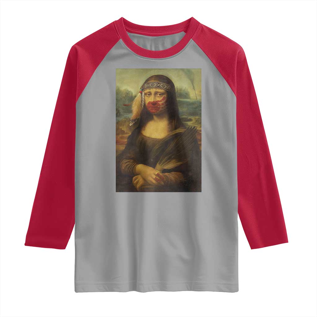 MMIW Awareness Raglan Shirt Mona Lisa Red Handprint Indigenous Woman Stop Stolen Sisters