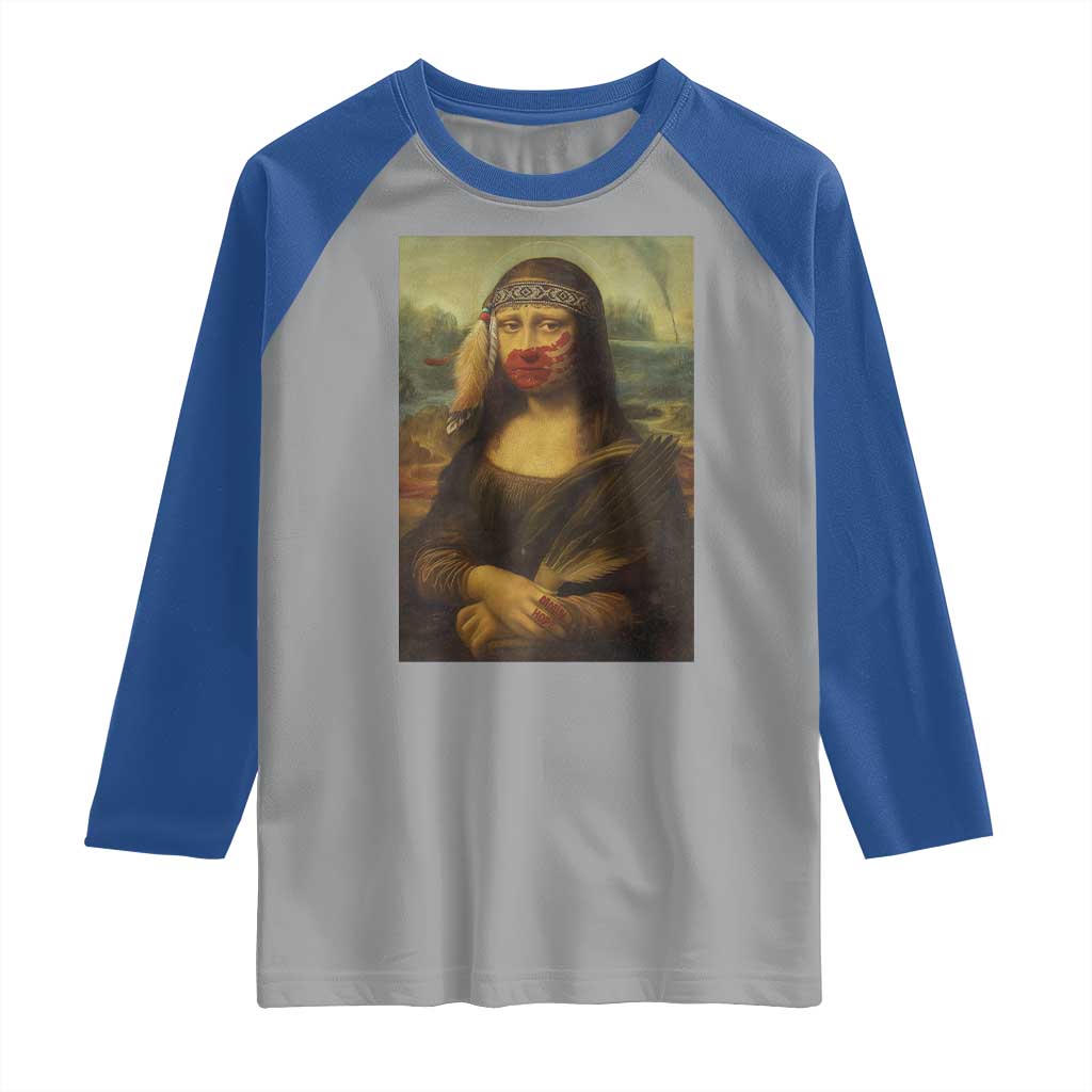 MMIW Awareness Raglan Shirt Mona Lisa Red Handprint Indigenous Woman Stop Stolen Sisters