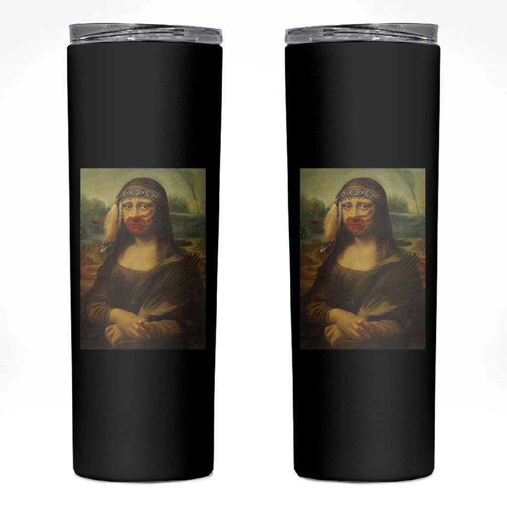 MMIW Awareness Skinny Tumbler Mona Lisa Red Handprint Indigenous Woman Stop Stolen Sisters