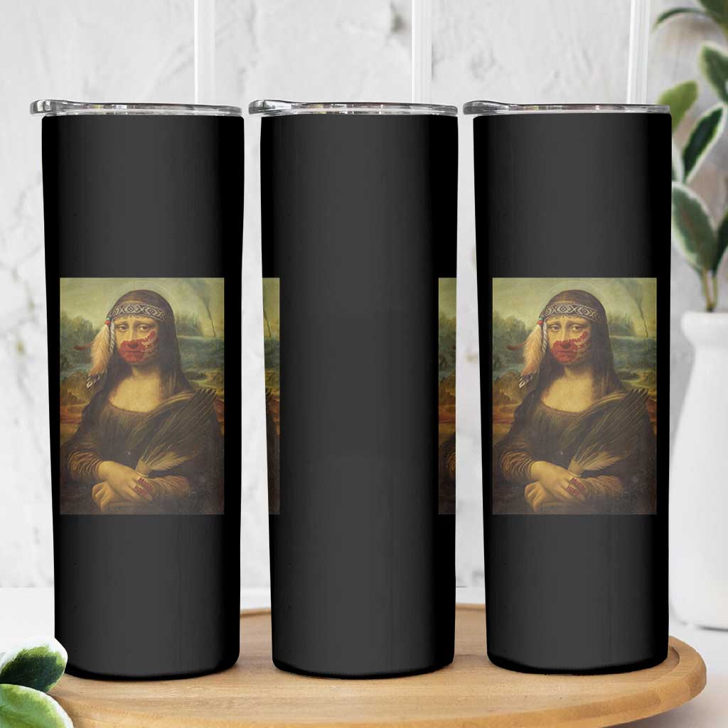 MMIW Awareness Skinny Tumbler Mona Lisa Red Handprint Indigenous Woman Stop Stolen Sisters
