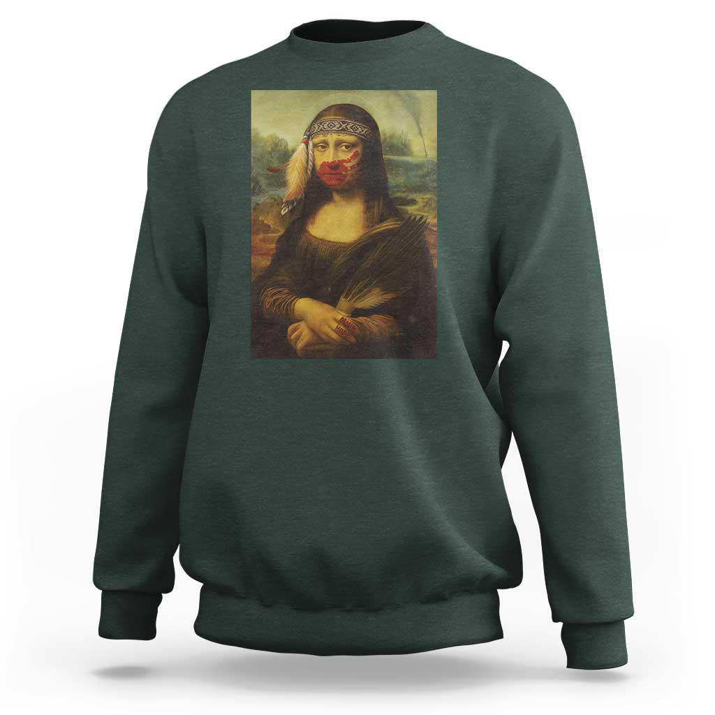 MMIW Awareness Sweatshirt Mona Lisa Red Handprint Indigenous Woman Stop Stolen Sisters