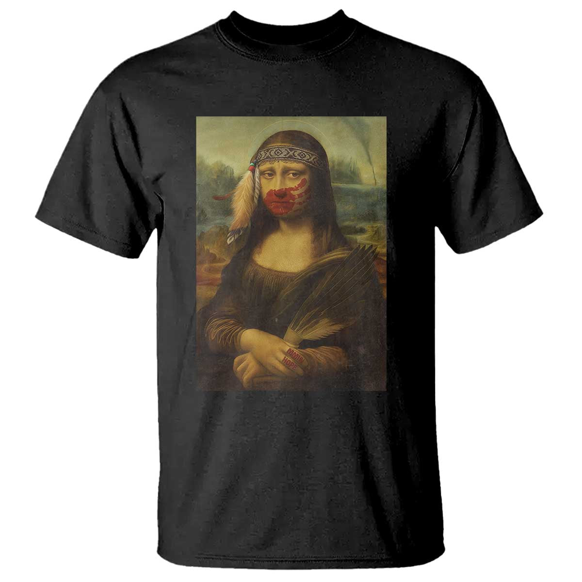 MMIW Awareness T Shirt Mona Lisa Red Handprint Indigenous Woman Stop Stolen Sisters