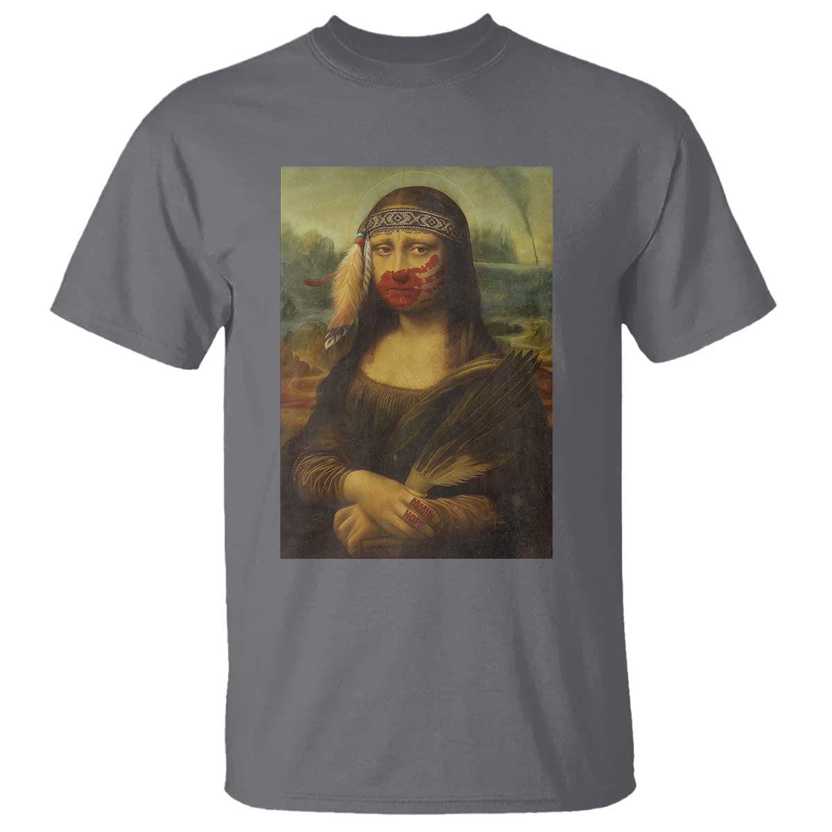 MMIW Awareness T Shirt Mona Lisa Red Handprint Indigenous Woman Stop Stolen Sisters