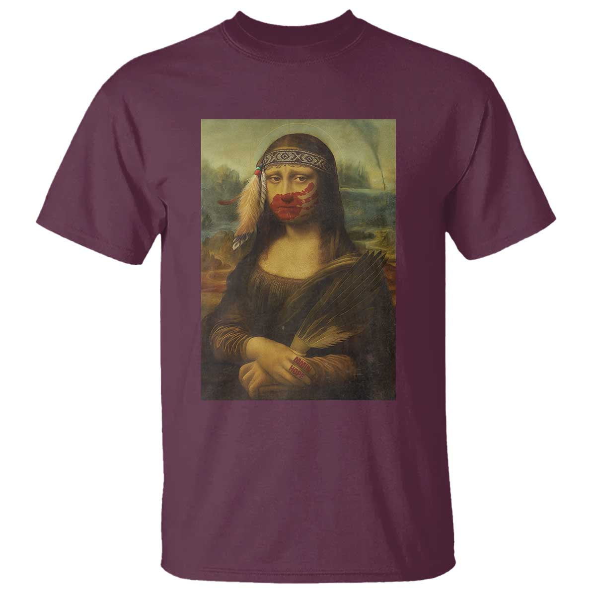 MMIW Awareness T Shirt Mona Lisa Red Handprint Indigenous Woman Stop Stolen Sisters