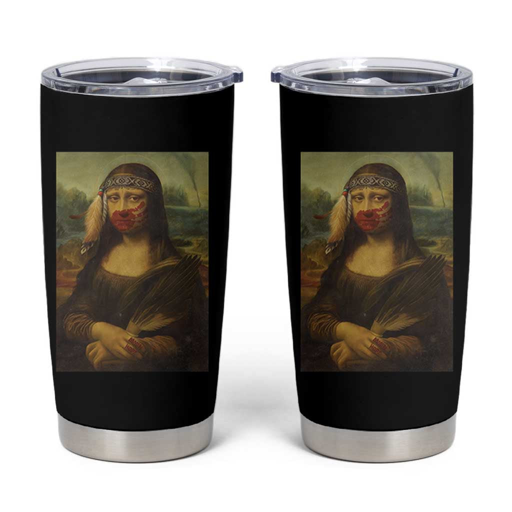 MMIW Awareness Tumbler Cup Mona Lisa Red Handprint Indigenous Woman Stop Stolen Sisters