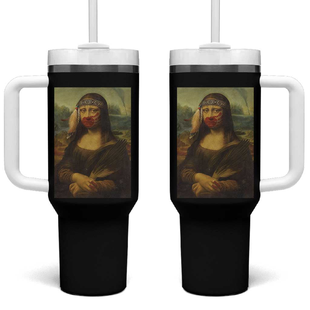 MMIW Awareness Tumbler With Handle Mona Lisa Red Handprint Indigenous Woman Stop Stolen Sisters