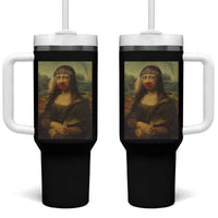MMIW Awareness Tumbler With Handle Mona Lisa Red Handprint Indigenous Woman Stop Stolen Sisters
