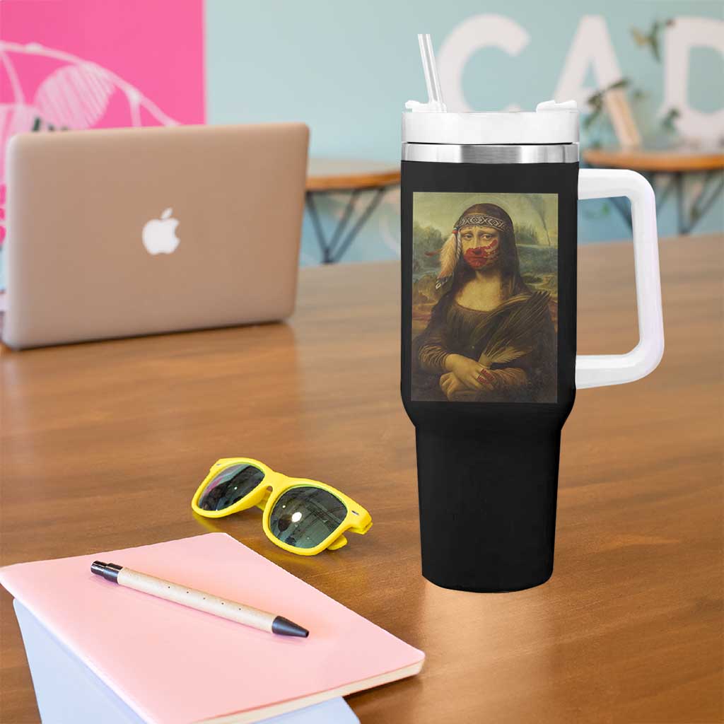 MMIW Awareness Tumbler With Handle Mona Lisa Red Handprint Indigenous Woman Stop Stolen Sisters