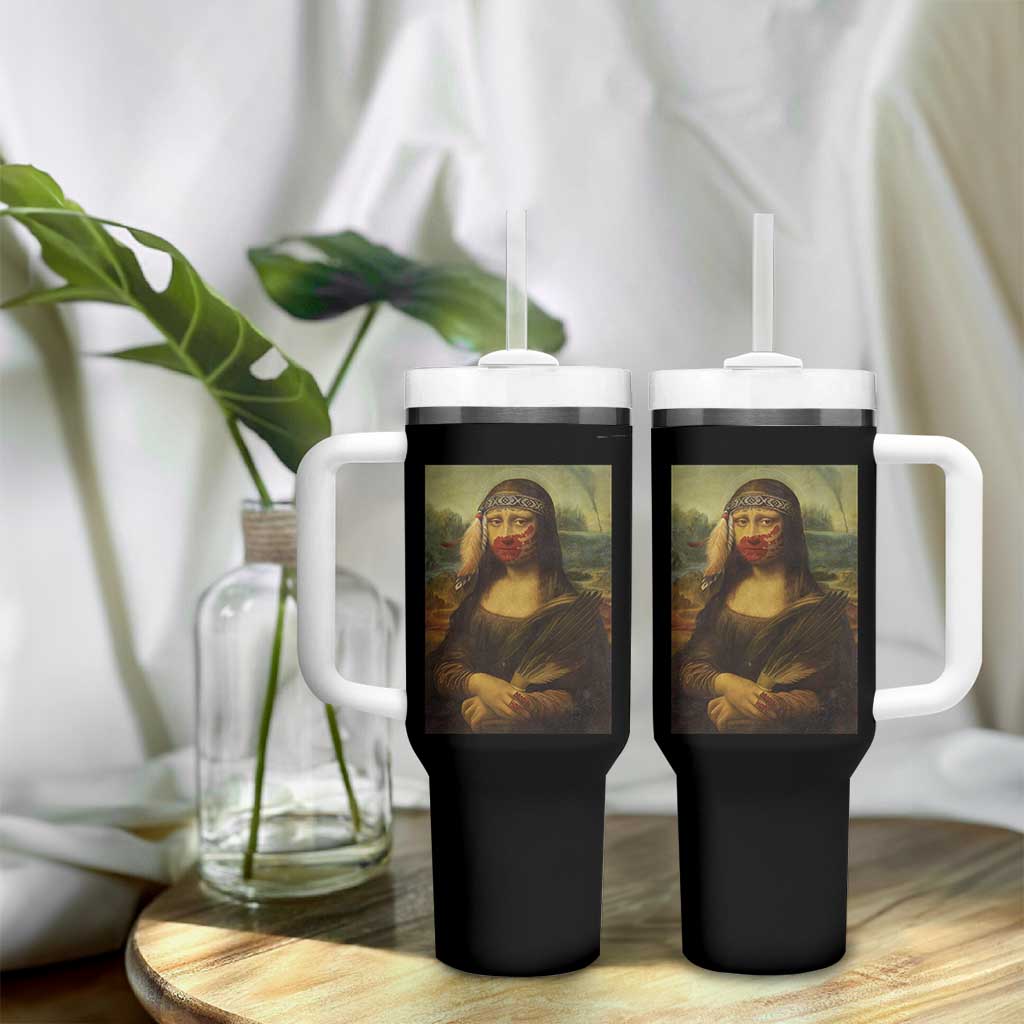 MMIW Awareness Tumbler With Handle Mona Lisa Red Handprint Indigenous Woman Stop Stolen Sisters