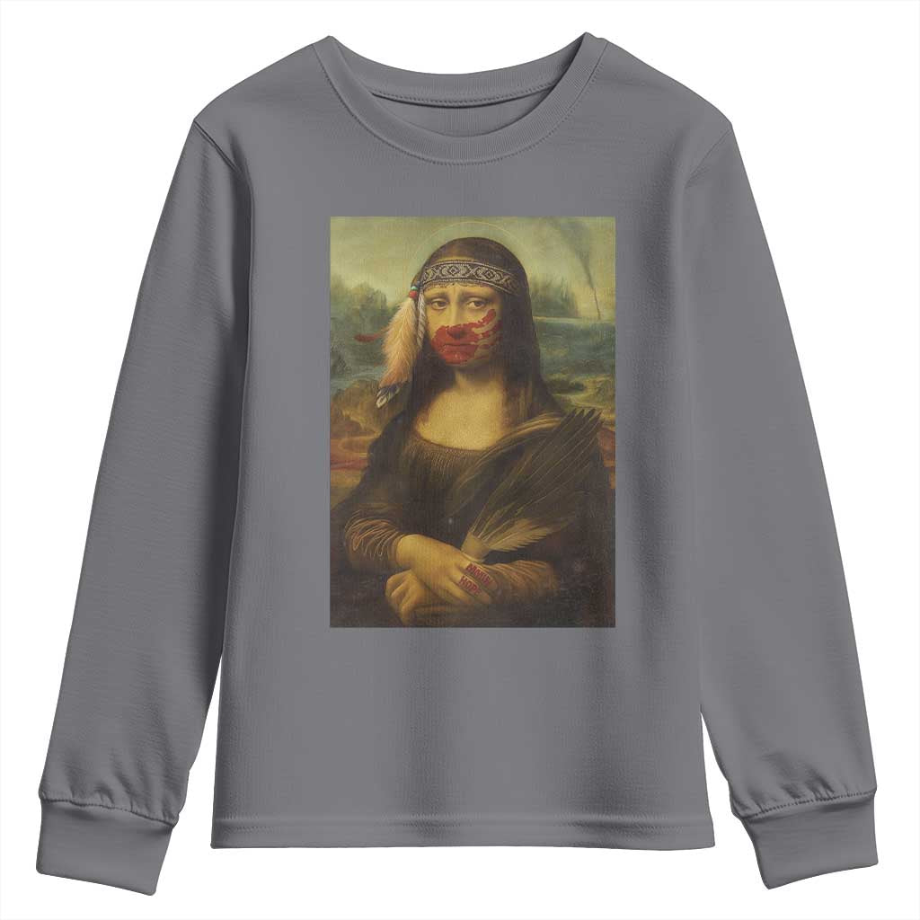 MMIW Awareness Youth Sweatshirt Mona Lisa Red Handprint Indigenous Woman Stop Stolen Sisters