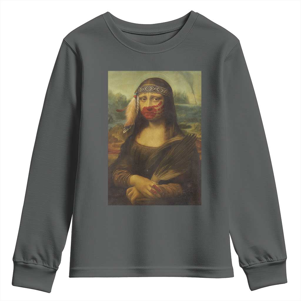 MMIW Awareness Youth Sweatshirt Mona Lisa Red Handprint Indigenous Woman Stop Stolen Sisters