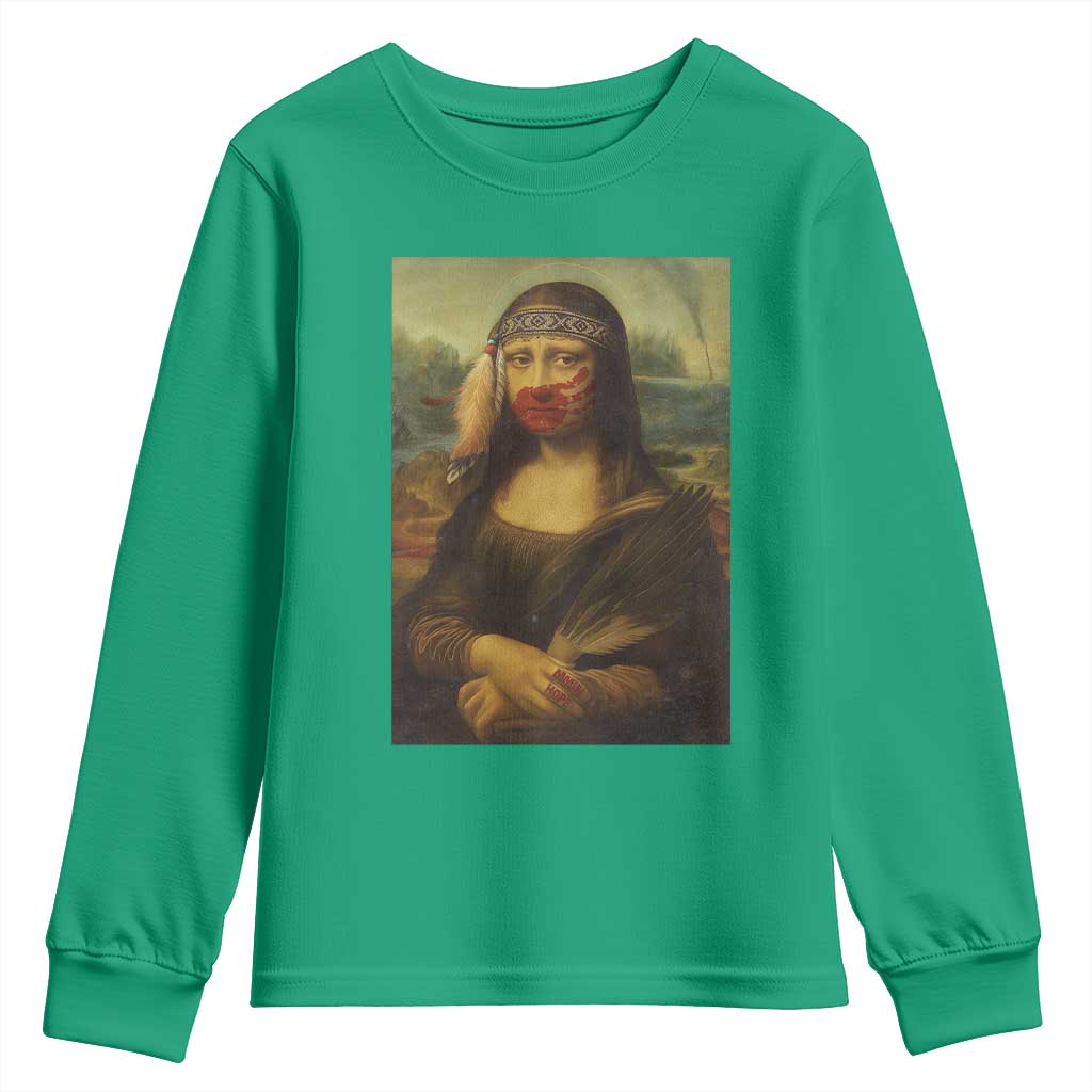 MMIW Awareness Youth Sweatshirt Mona Lisa Red Handprint Indigenous Woman Stop Stolen Sisters