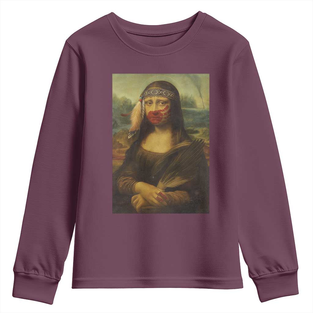 MMIW Awareness Youth Sweatshirt Mona Lisa Red Handprint Indigenous Woman Stop Stolen Sisters