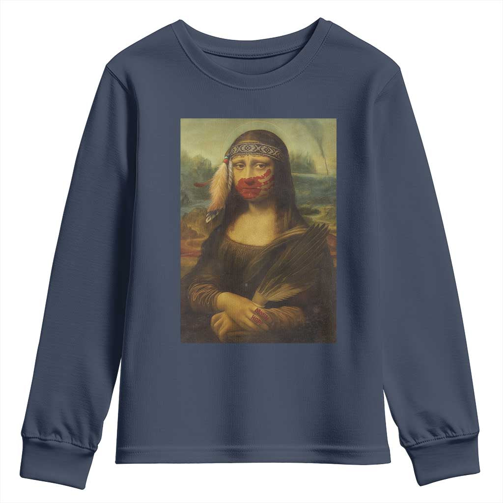 MMIW Awareness Youth Sweatshirt Mona Lisa Red Handprint Indigenous Woman Stop Stolen Sisters
