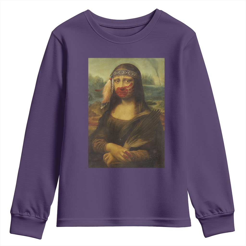 MMIW Awareness Youth Sweatshirt Mona Lisa Red Handprint Indigenous Woman Stop Stolen Sisters