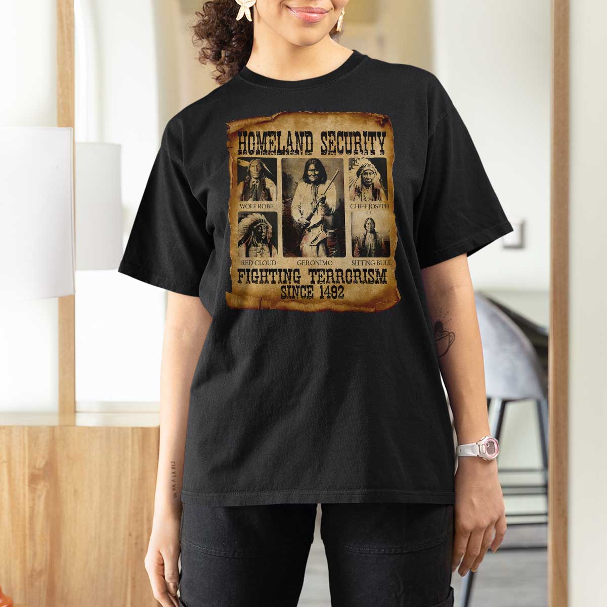Vintage Native American T Shirt For Women Homeland Security Fighting Terrorism Since 1492 - Wonder Print Shop