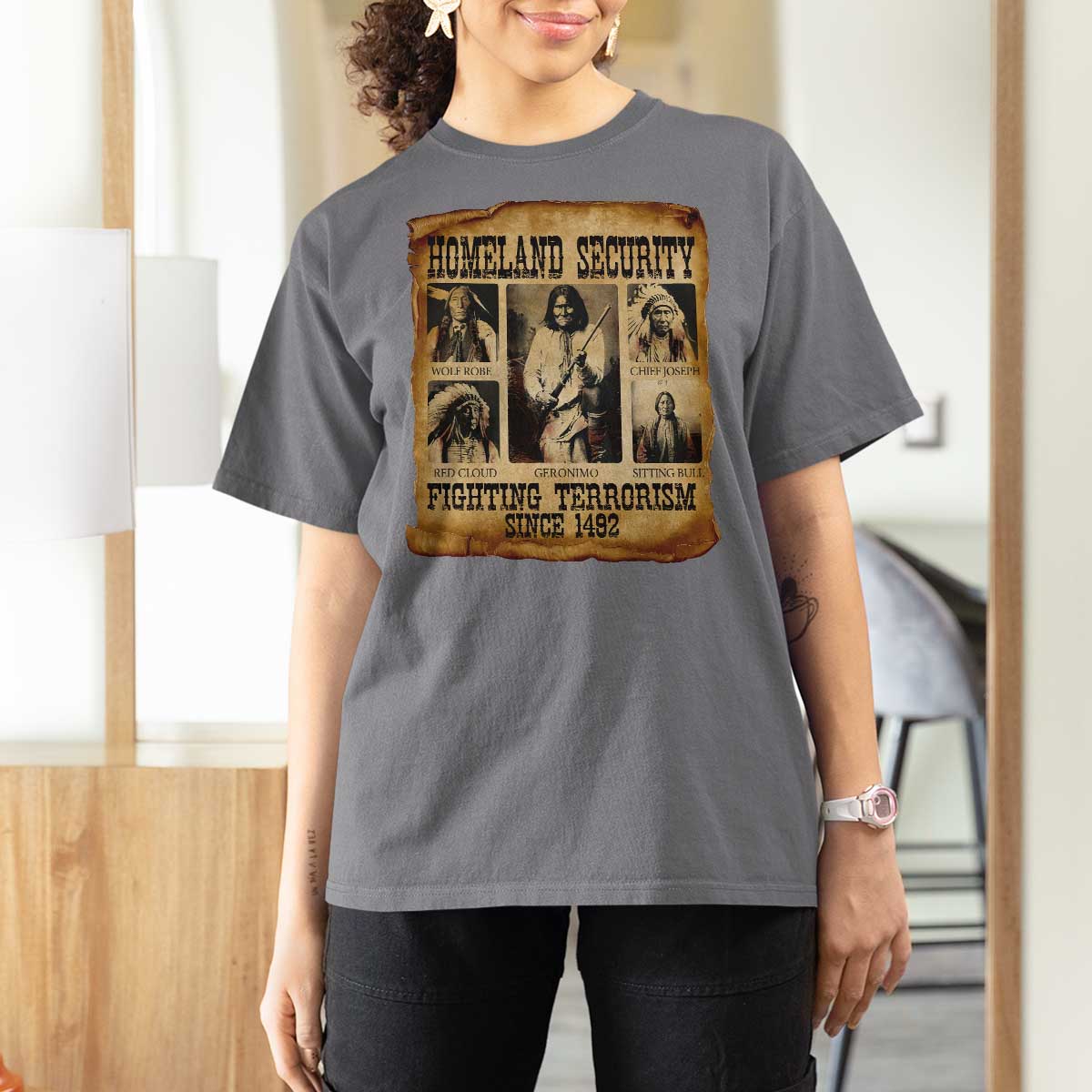 Vintage Native American T Shirt For Women Homeland Security Fighting Terrorism Since 1492 - Wonder Print Shop