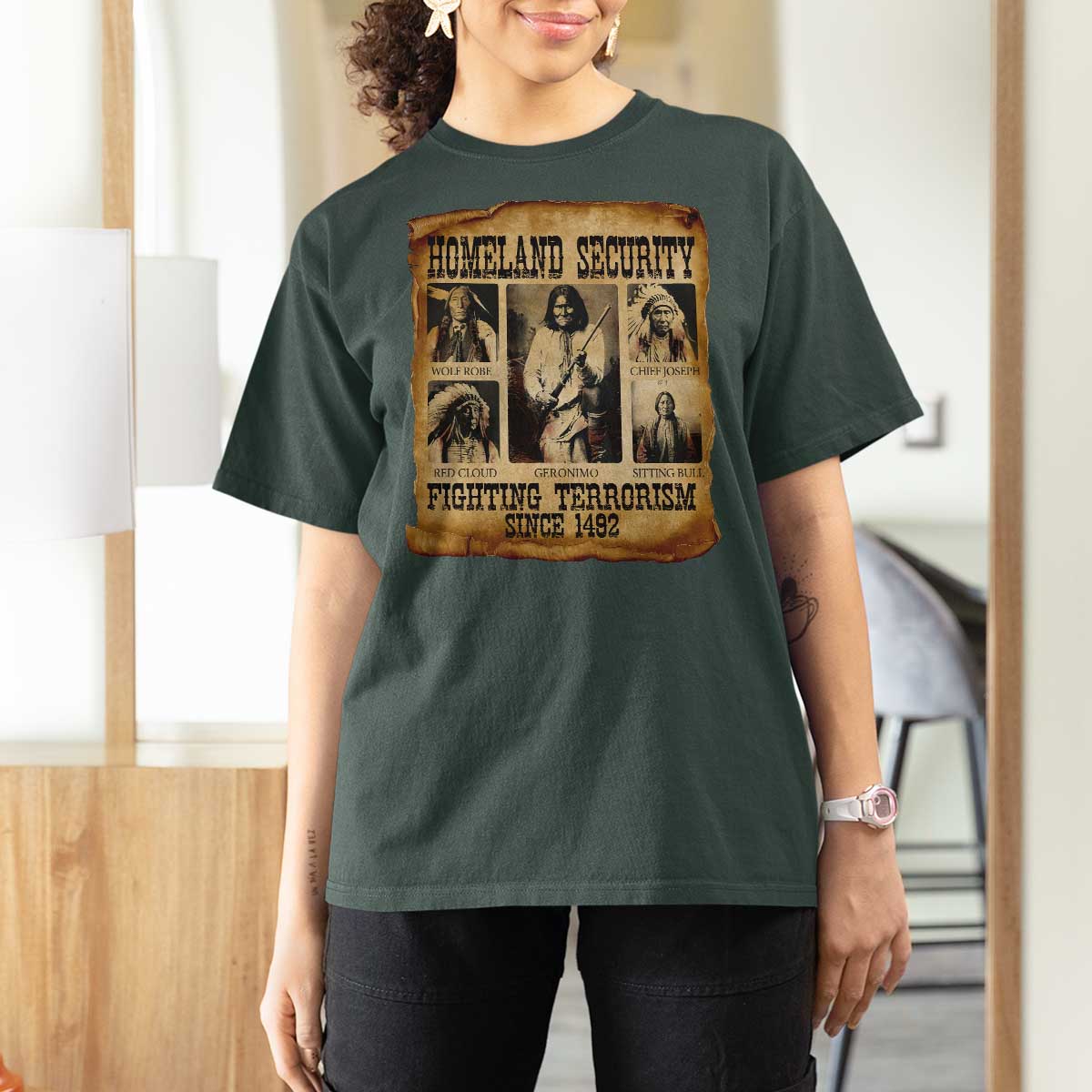 Vintage Native American T Shirt For Women Homeland Security Fighting Terrorism Since 1492 - Wonder Print Shop