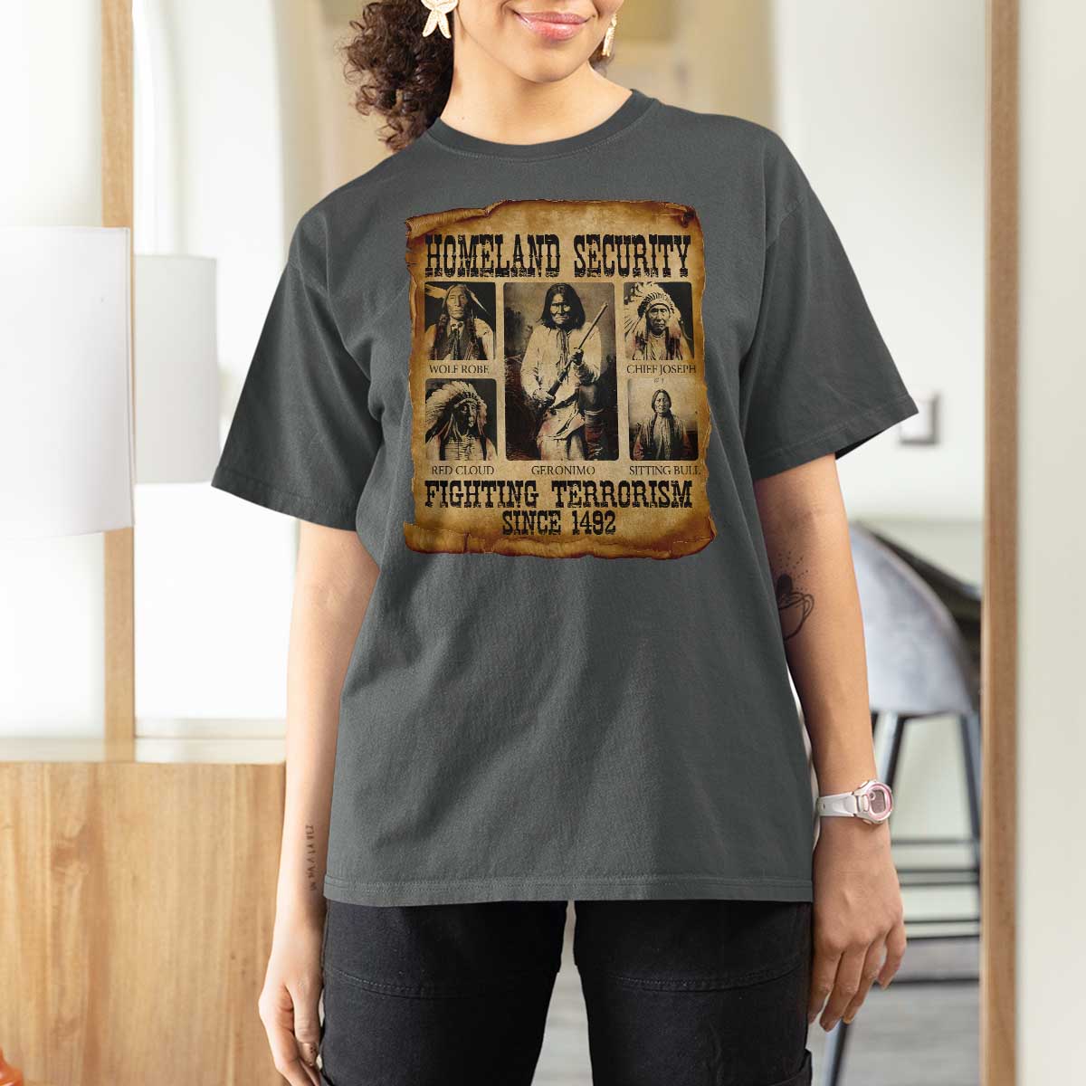 Vintage Native American T Shirt For Women Homeland Security Fighting Terrorism Since 1492 - Wonder Print Shop