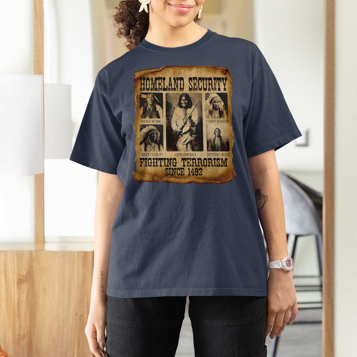 Vintage Native American T Shirt For Women Homeland Security Fighting Terrorism Since 1492 - Wonder Print Shop