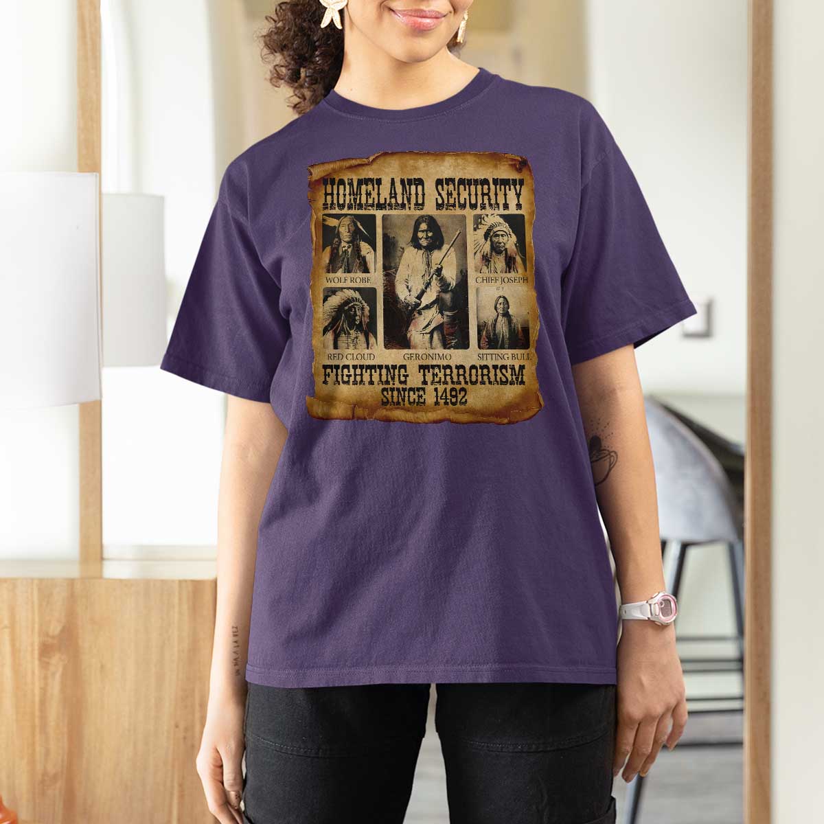 Vintage Native American T Shirt For Women Homeland Security Fighting Terrorism Since 1492 - Wonder Print Shop