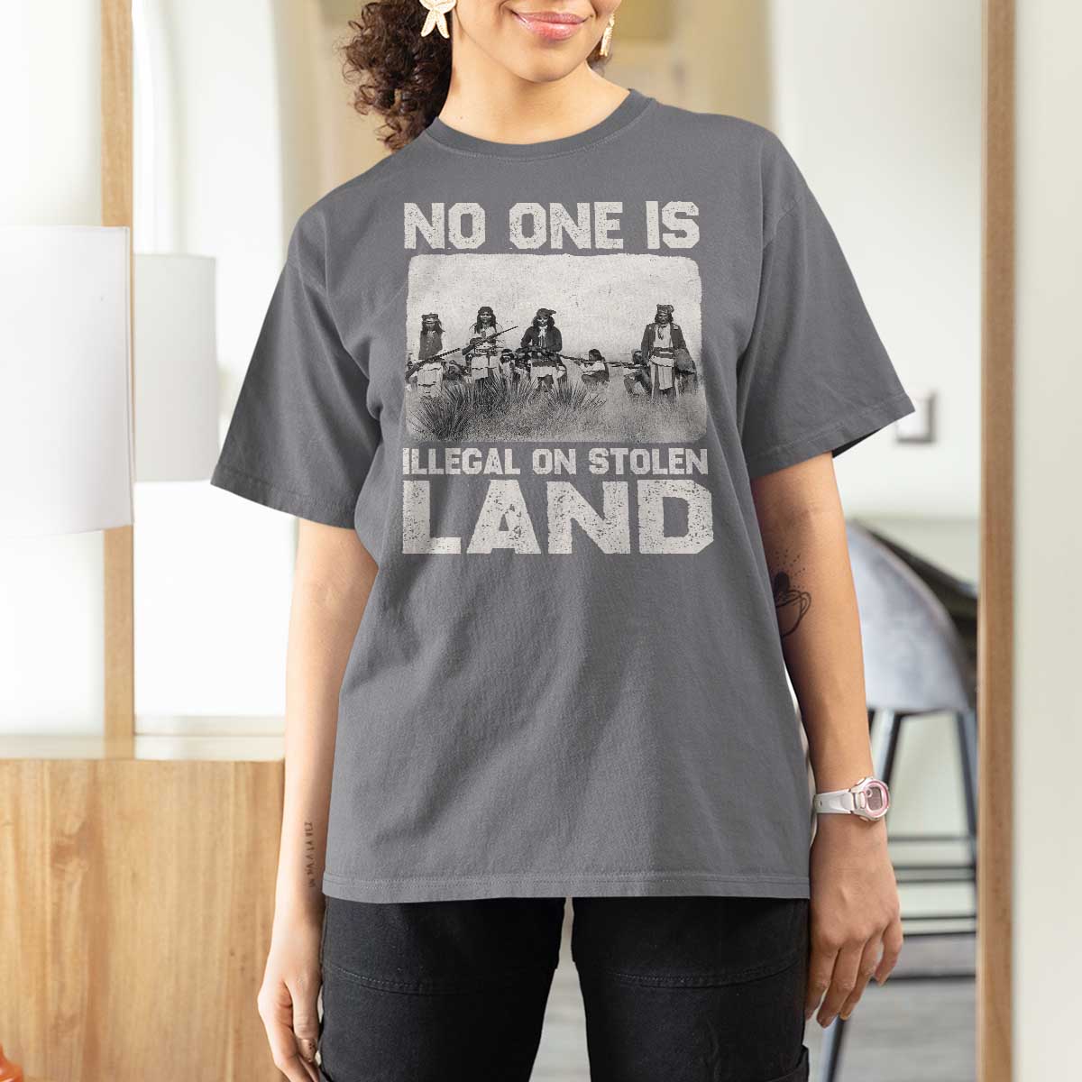 No One Is Illegal On Stolen Land T Shirt For Women Native Tribe Indigenous People - Wonder Print Shop