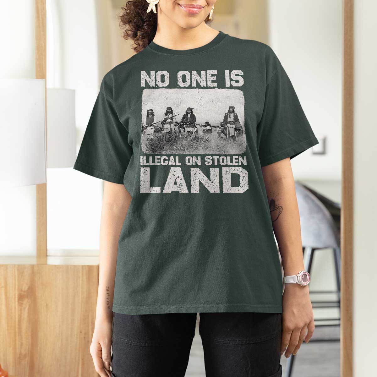 No One Is Illegal On Stolen Land T Shirt For Women Native Tribe Indigenous People - Wonder Print Shop