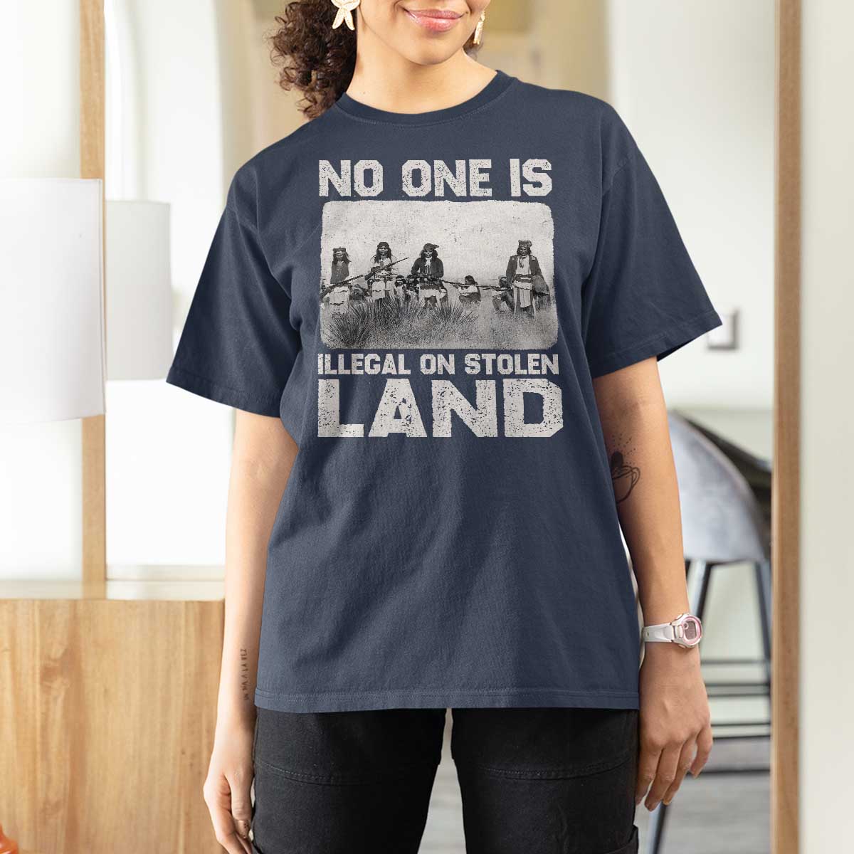 No One Is Illegal On Stolen Land T Shirt For Women Native Tribe Indigenous People - Wonder Print Shop