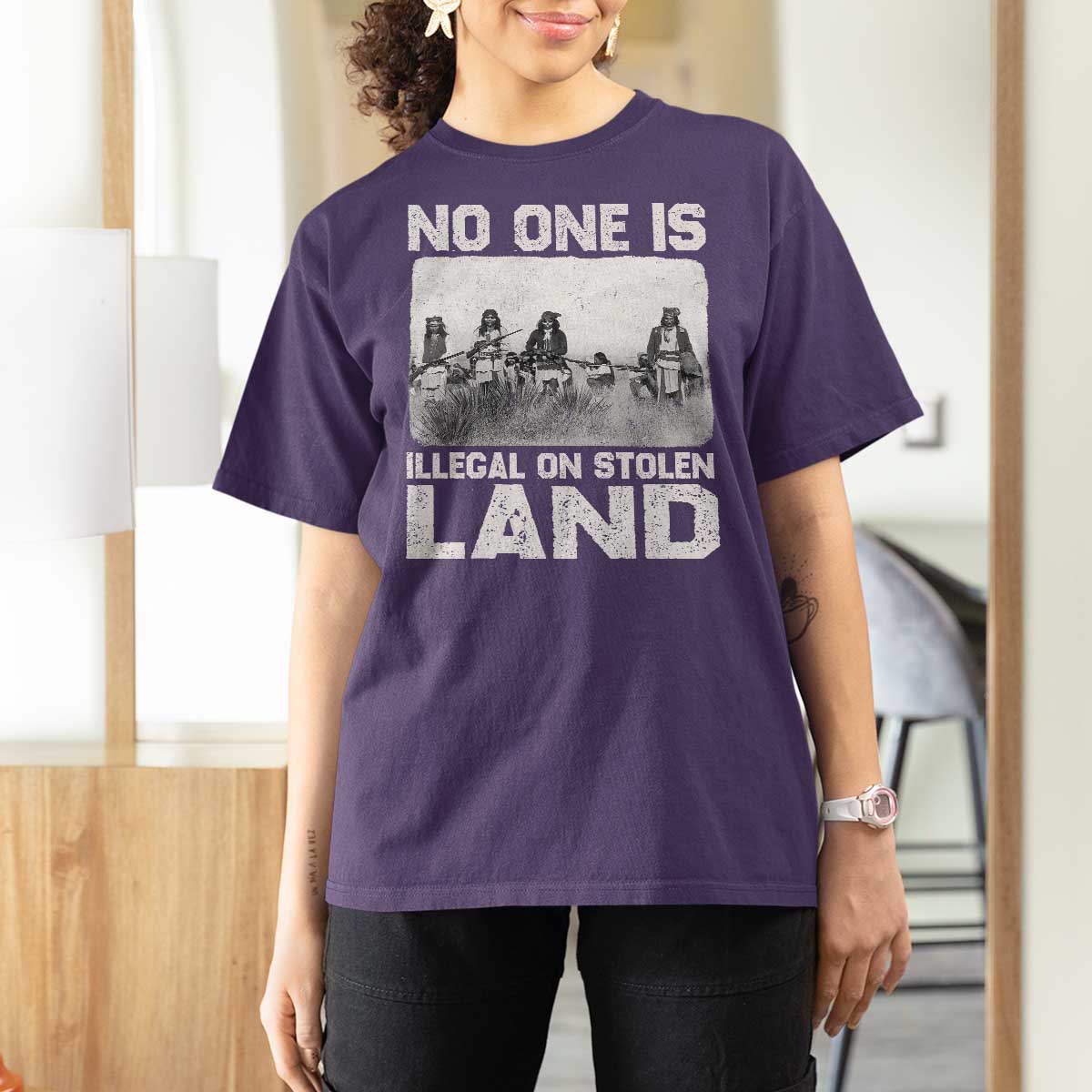 No One Is Illegal On Stolen Land T Shirt For Women Native Tribe Indigenous People - Wonder Print Shop