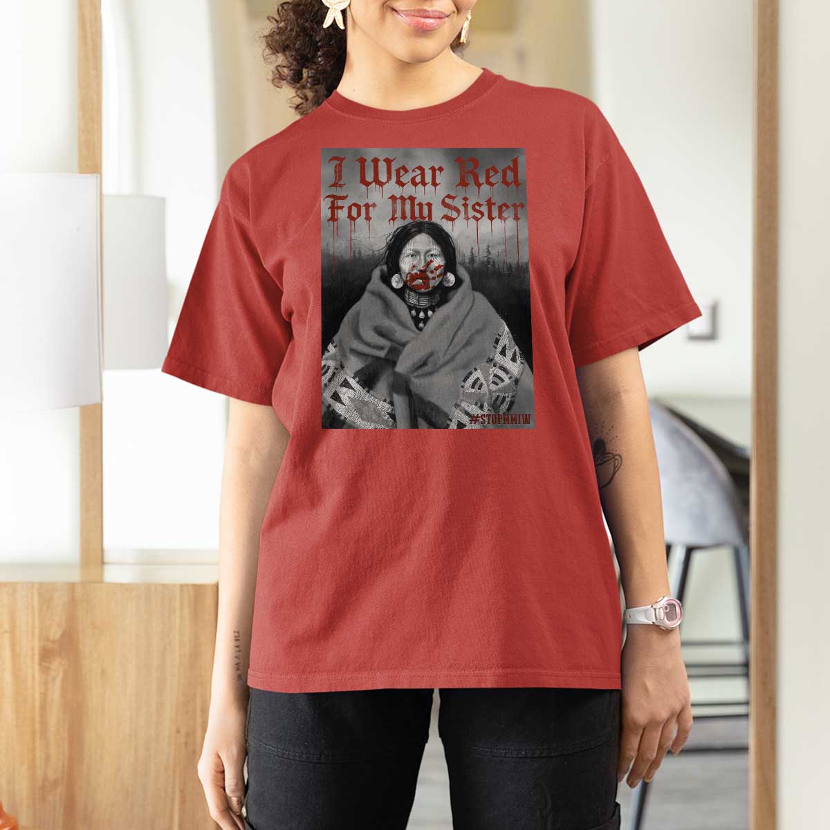 Stop MMIW T Shirt For Women I Wear Red For My Sister Native American - Wonder Print Shop