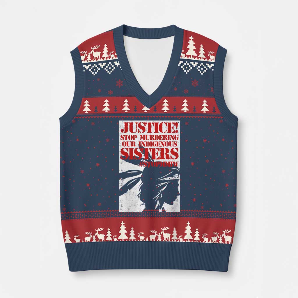 MMIW Awareness V-Neck Knit Sweater Vest Justice Stop Murdering Our Indigenous Sisters