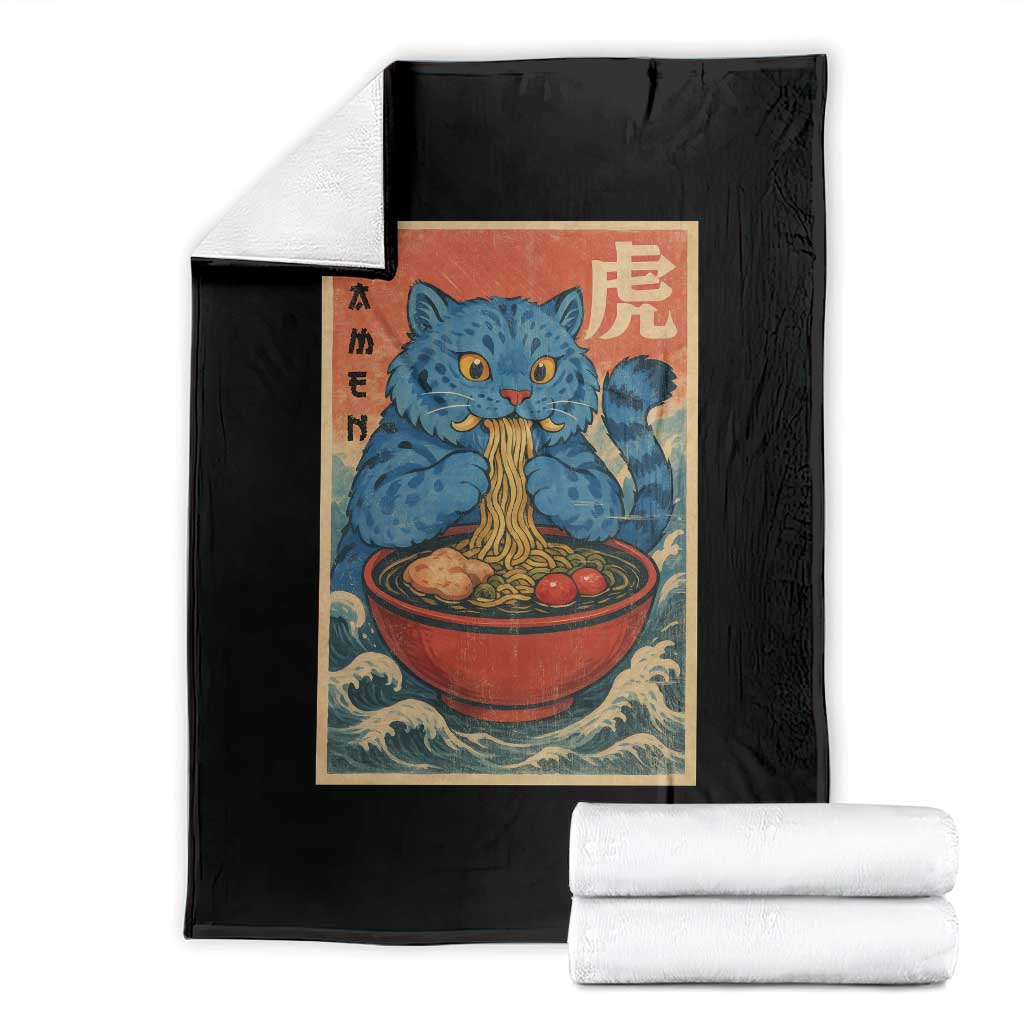 Anime Blue Cat Ramen Throw Blanket Vintage Japanese Art Funny Kawaii Demon Cat Tiger - Wonder Print Shop