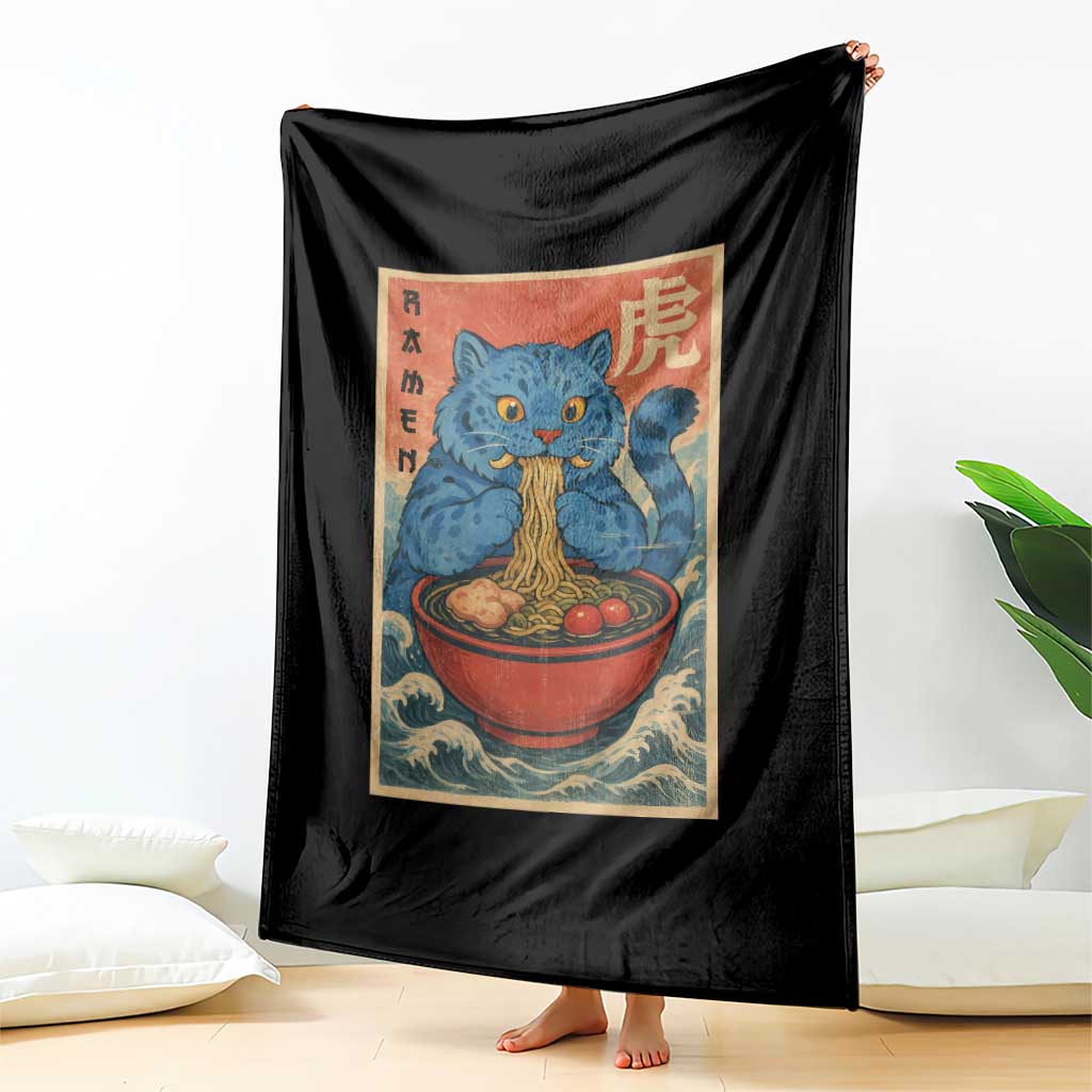 Anime Blue Cat Ramen Throw Blanket Vintage Japanese Art Funny Kawaii Demon Cat Tiger - Wonder Print Shop