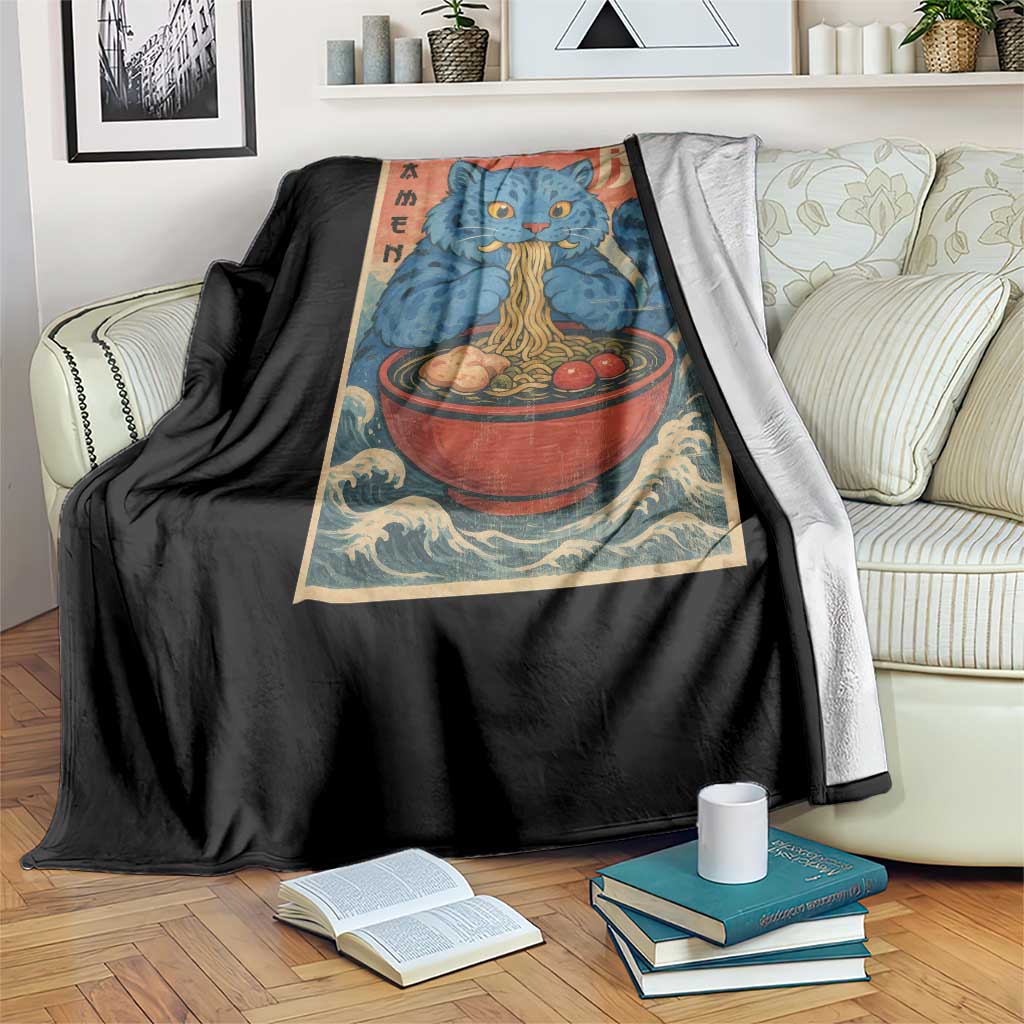 Anime Blue Cat Ramen Throw Blanket Vintage Japanese Art Funny Kawaii Demon Cat Tiger - Wonder Print Shop