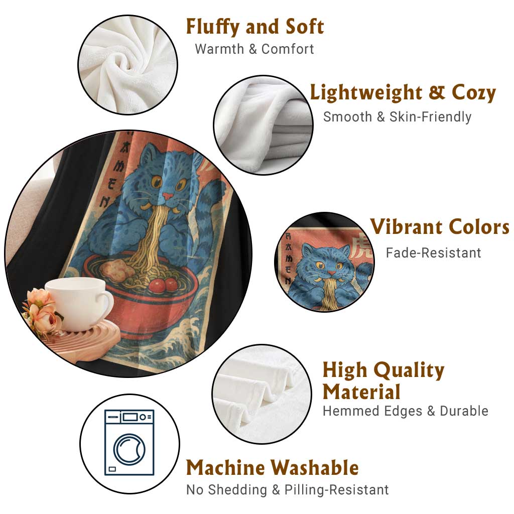 Anime Blue Cat Ramen Throw Blanket Vintage Japanese Art Funny Kawaii Demon Cat Tiger - Wonder Print Shop