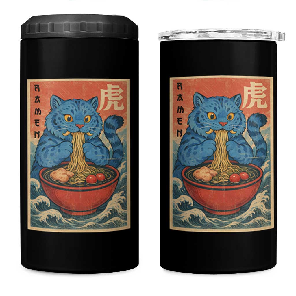 Anime Blue Cat Ramen 4 in 1 Can Cooler Tumbler Vintage Japanese Art Funny Kawaii Demon Cat Tiger - Wonder Print Shop